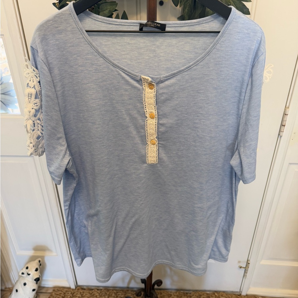 LoveU Dear Minimalist Crochet Lace Trim Popover Top SS 2XL